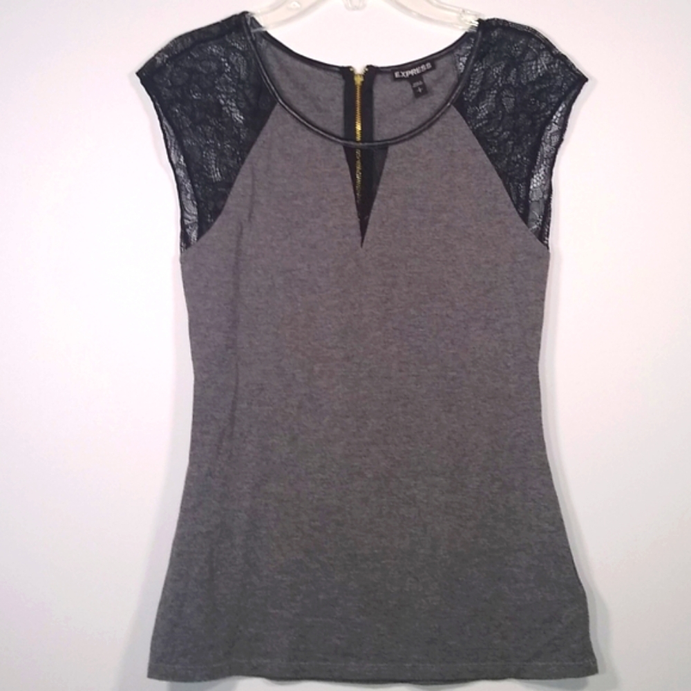 Express Top Cap Sleeve Lace Mesh Faux Leather Trim Gold Zipper Grey Black Small